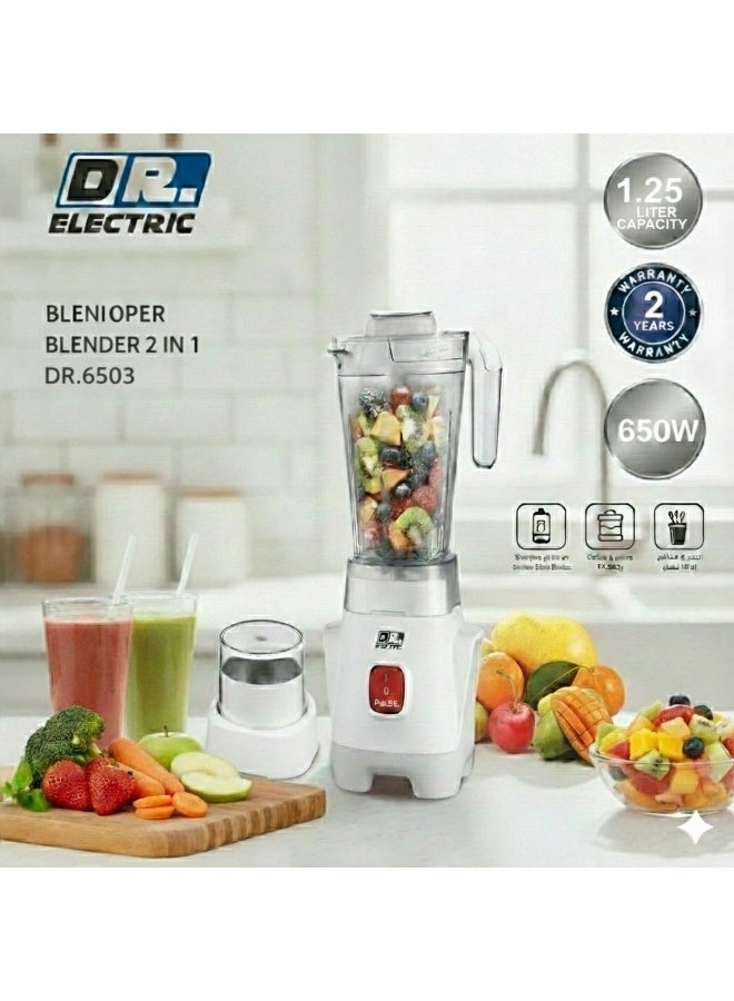 DR.ELECTRIC Electric Blender 2 in 1, 650W, 1.25L, 2 Speeds with Pulse, Stainless Steel Blades, with Grinder, White, DR.6503 - Image 3
